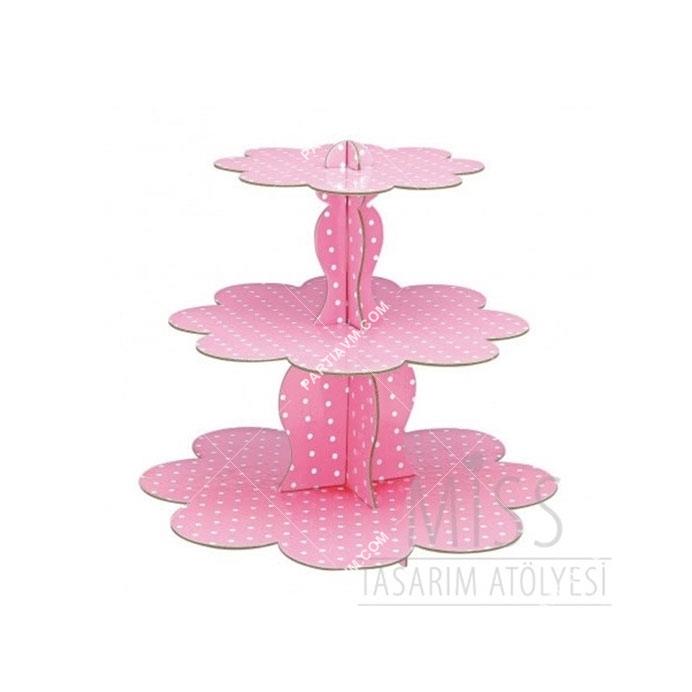 Karton Pembe Puantiyeli Cupcake Standı 3 Katlı Kek Standı 