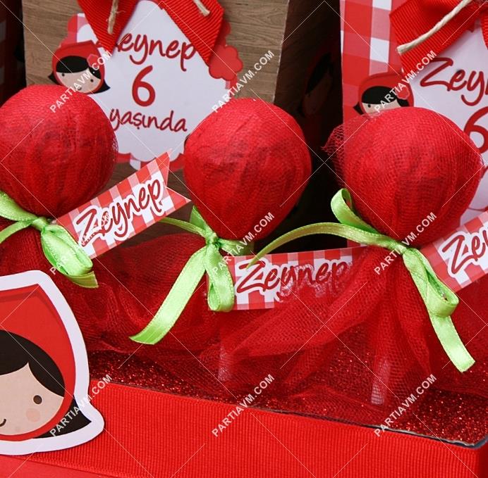 Kırmızı Başlıklı Kız Doğum Günü Lolipop Çubuklu Top Şeker Etiketli Süslemeli 10 Adet