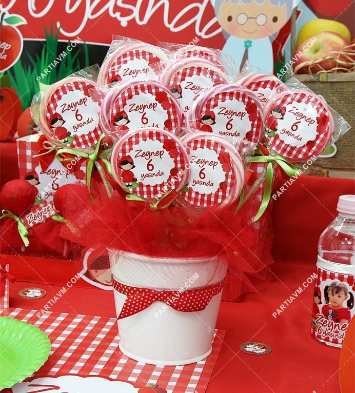 Kırmızı Başlıklı Kız Doğum Günü Lolipop Şeker Etiketli Kovada Süslemeli 10 Adet