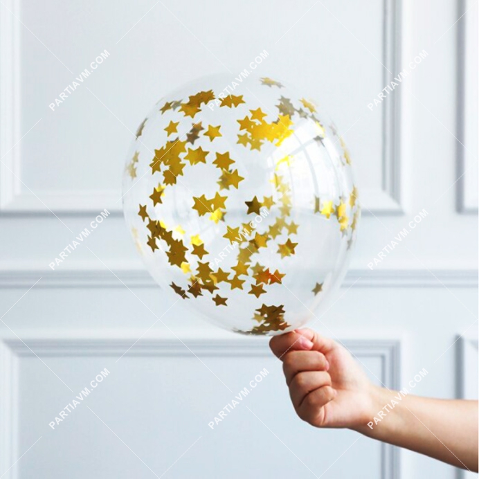 Konfetili Şeffaf Balon Altın Yıldız Pullu 10 Adet Şeffaf Balon