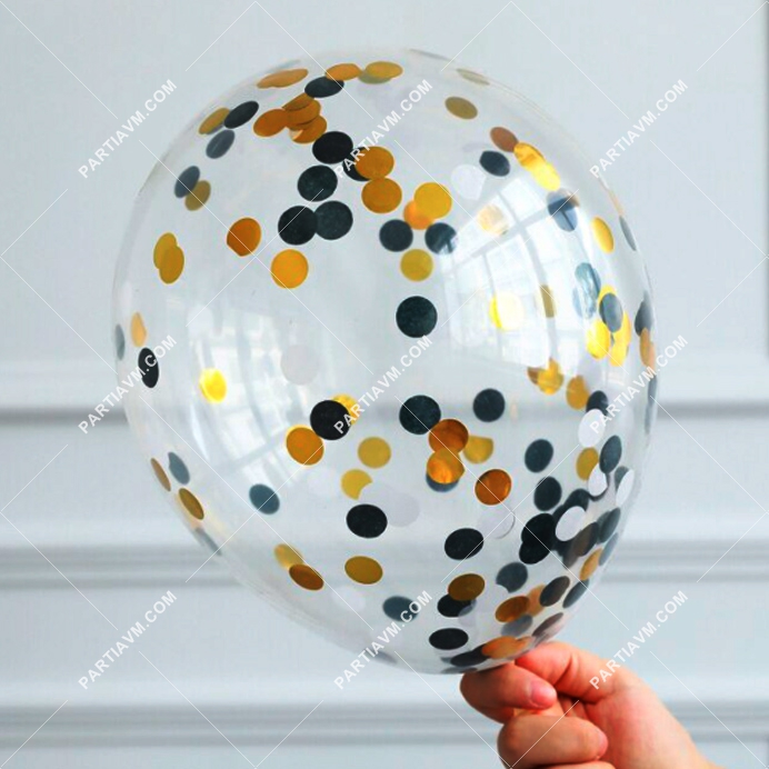 Konfetili Şeffaf Balon Gold Siyah Pullu 10 Adet Şeffaf Balon