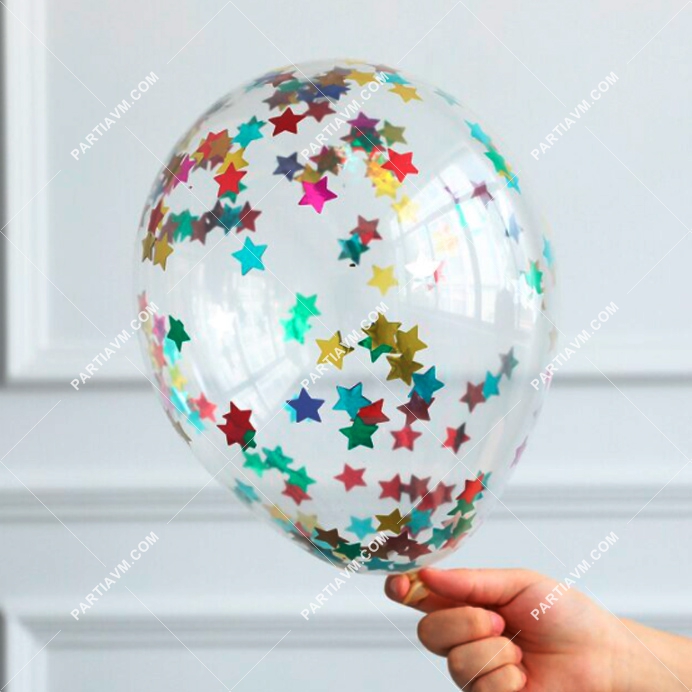 Konfetili Şeffaf Balon Karışık Renk Yıldız Pullu 10 Adet Şeffaf Balon