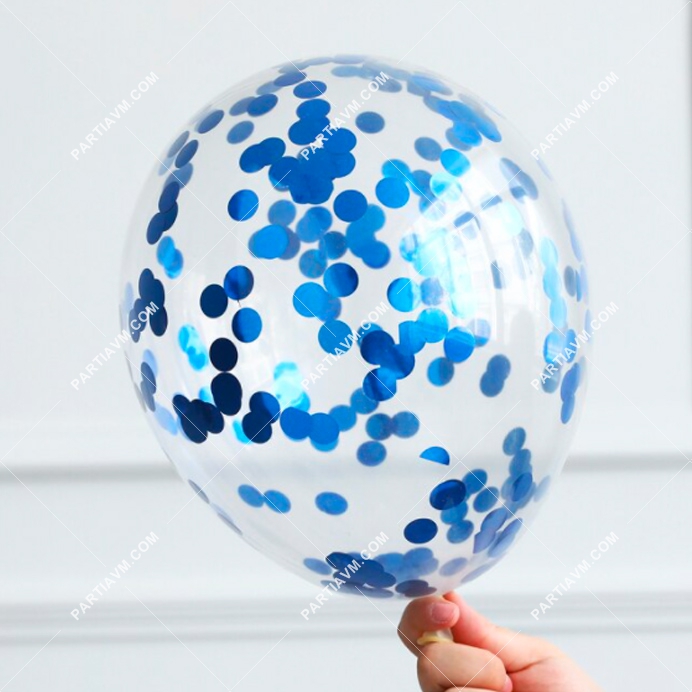 Konfetili Şeffaf Balon Koyu Mavi Pullu 10 Adet Şeffaf Balon