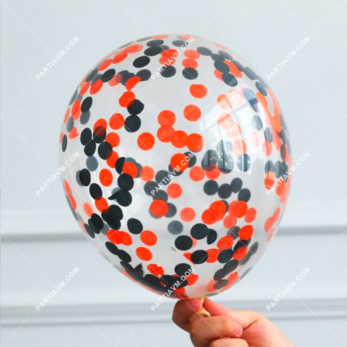 Konfetili Şeffaf Balon Siyah Krımızı Pullu 10 Adet Şeffaf Balon