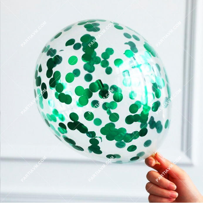 Konfetili Şeffaf Balon Yeşil Pullu 10 Adet Şeffaf Balon