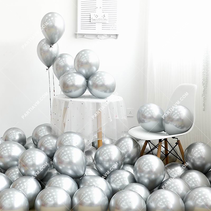 Krom Lateks Balon Gümüş Renk 10 adet Parlak Gümüş Balon