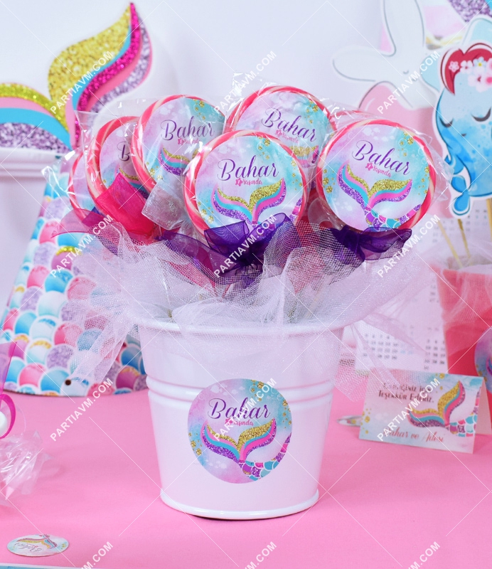 Küçük Deniz Kızı Doğum Günü Lolipop Şeker Etiketli Kovada Süslemeli 10 Adet