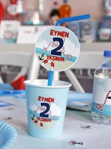 Partiavm Küçük Denizci Kaptan Doğum Günü Süsleri Bardak ve Etiketli Pipet 5 Adet