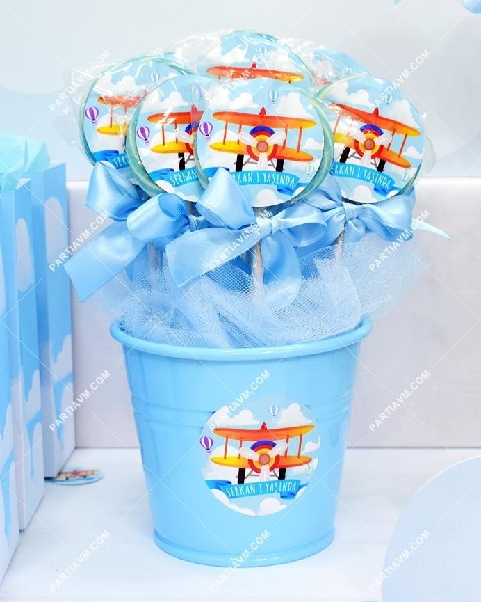 Küçük Pilot ve Balonlar Doğum Günü Lolipop Şeker Etiketli Kovada Süslemeli 10 Adet
