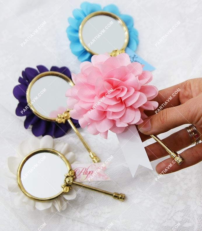 Kumaş Çiçek ve Etiket Süslemeli Hediyelik Mini El Aynası