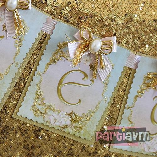 Lüks Gold Vintage Doğum Günü Süsleri Banner İsim Çift Kat Karton Kabartma Sim Kurdele ve İnci Süslemeli