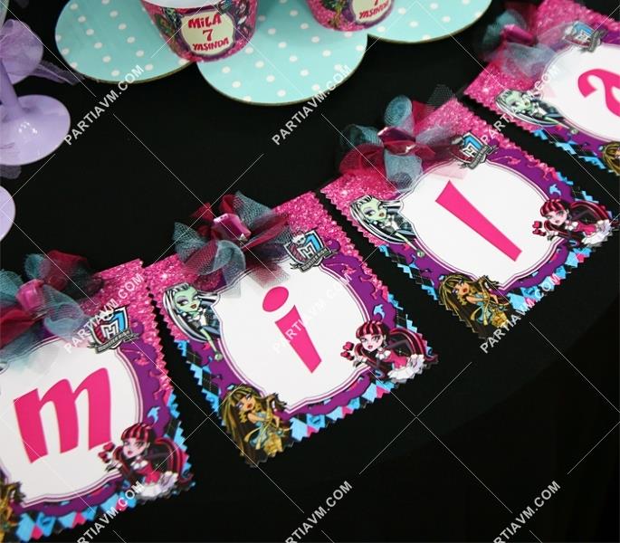 Lüks Monster High Doğum Günü Süsleri Banner İsim Tül ve Taş Süslemeli