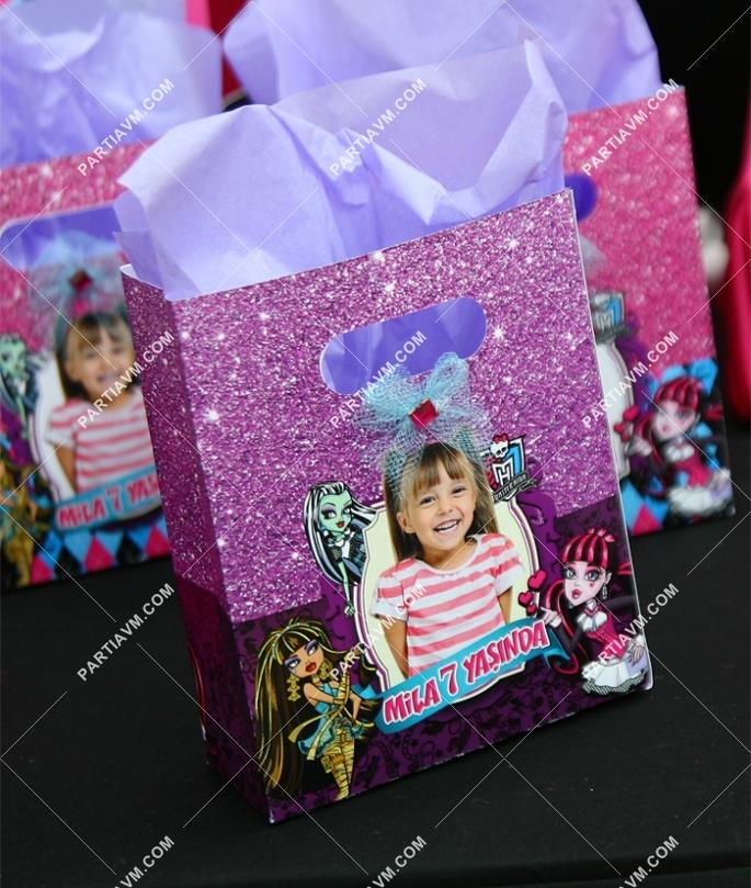 Lüks Monster High Doğum Günü Süsleri Hediye Çantası Özel Tasarım 13X16 cm Fiyonk ve Taşlı 5 Adet