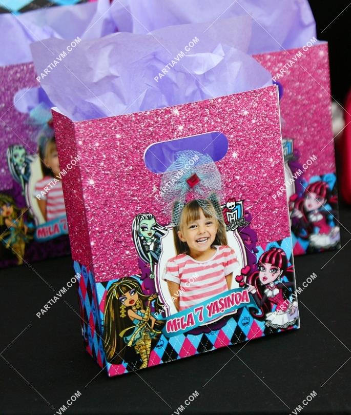 Lüks Monster High Doğum Günü Süsleri Hediye Çantası Özel Tasarım 13 X 16 cm Kurdele ve Taş Süslemeli 5 Adet