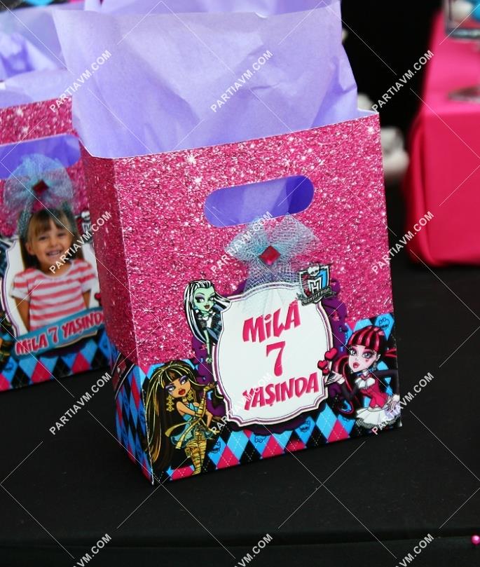 Lüks Monster High Doğum Günü Süsleri Hediye Çantası Özel Tasarım 13 X 16 cm Kurdele ve Taş Süslemeli 5 Adet