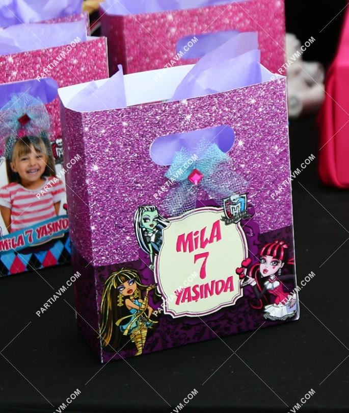 Lüks Monster High Doğum Günü Süsleri Hediye Çantası Özel Tasarım 13 X 16 cm Kurdele ve Taş Süslemeli 5 Adet