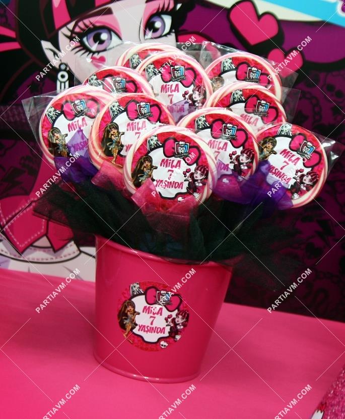 Lüks Monster High Doğum Günü Süsleri Lolipop Şeker Etiketli Kovada Süslemeli 10 Adet