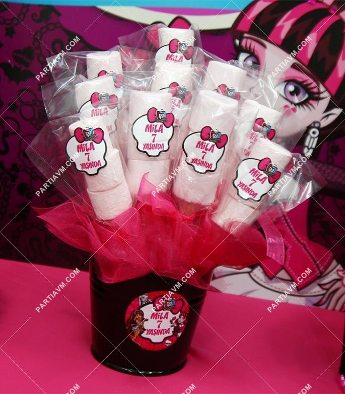 Lüks Monster High Doğum Günü Süsleri Marshmallow Etiketli Kovada 10 Adet Etiketli Çubuklu 