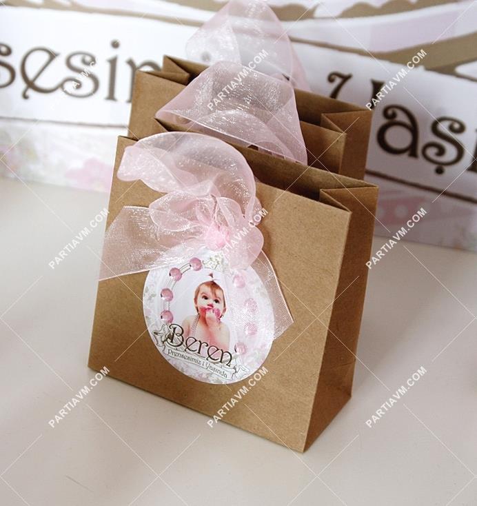 Lüks Prenses Doğum Günü Süsleri Hediye Çantası Etiketli Kurdeleli Fiyonklu Taş Süslemeli 10 X 10 cm 5 Adet