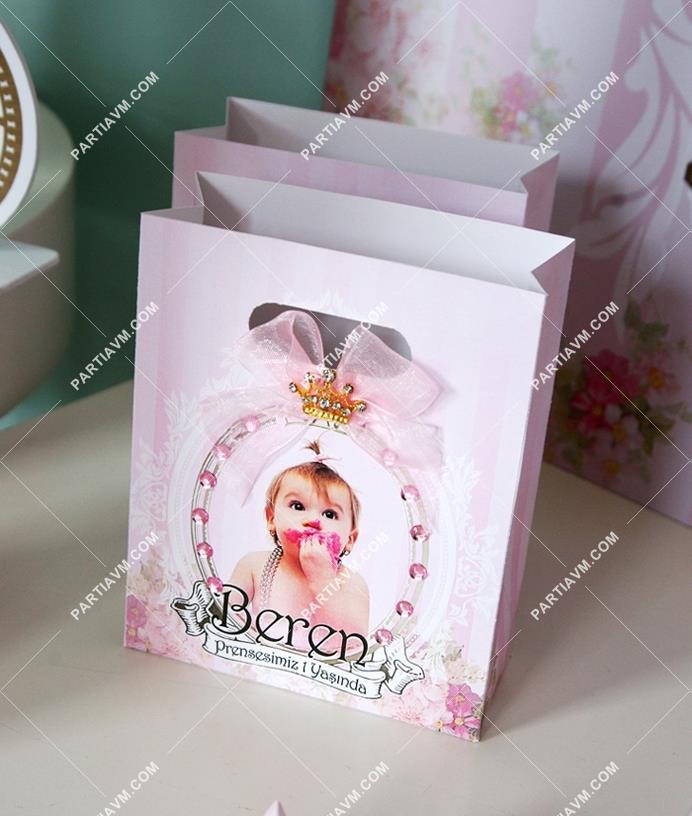 Lüks Prenses Doğum Günü Süsleri Hediye Çantası Özel Tasarım 13 X 16 cm Prenses Tacı Kurdele ve Taş Süslemeli 5 Adet
