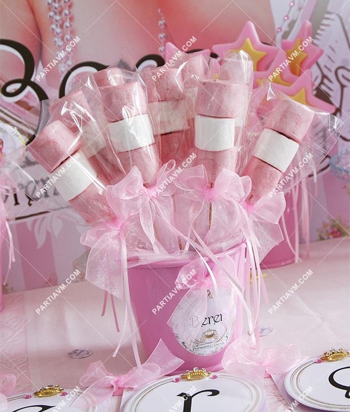 Lüks Prenses Doğum Günü Süsleri Marshmallow Etiketli Kovada 10 Adet Kurdeleli Çubuklu İkramlık