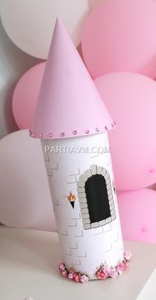 Partiavm Lüks Prenses Doğum Günü Süsleri Masaüstü Dekor Karton Şato Kulesi Pembe Taş ve Çiçek Süslemeli 1 Adet