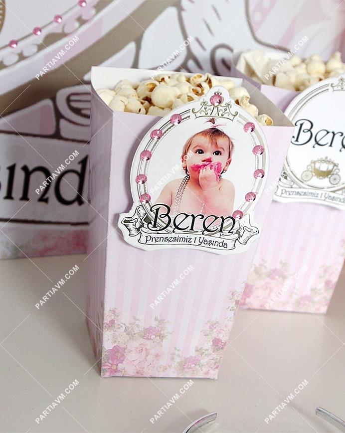 Lüks Prenses Doğum Günü Süsleri Popcorn Kutusu Pembe Taş Süslemeli 5 Adet