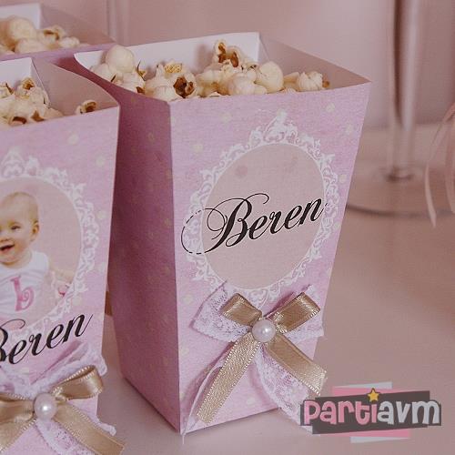 Lüks Vintage Doğum Günü Süsleri Popcorn Kutusu Dantel ve İnci Süslemeli 5 Adet