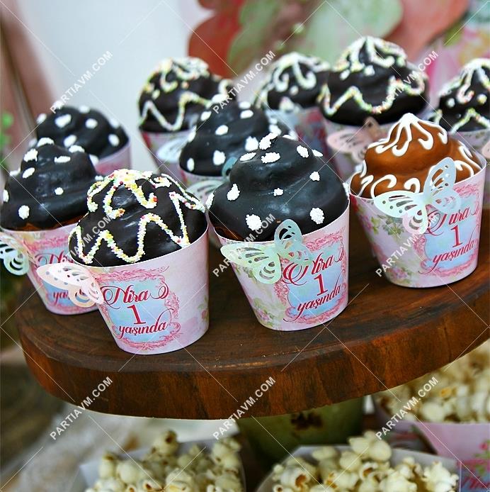 Lüks Vintage Kelebekli Doğum Günü Cupcake Sargısı 10 Adet