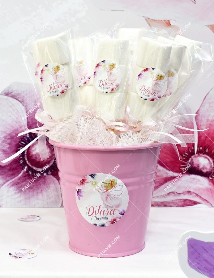 Melekli Doğum Günü Süsleri Marshmallow Etiketli Kovada 10 Adet Süslü Çubuklarda