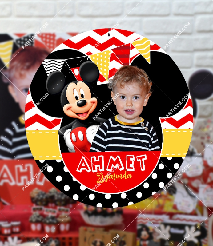 Mickey Mouse Doğum Günü 20 cm Önlü Arkalı Baskı Kalın Karton Misinalı Asma Süs