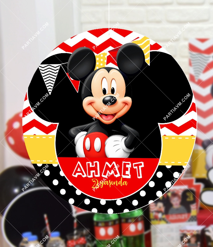 Mickey Mouse Doğum Günü 20 cm Önlü Arkalı Baskı Kalın Karton Misinalı Asma Süs