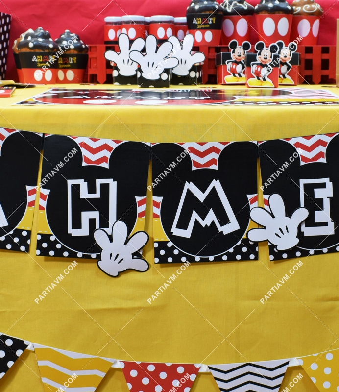 Mickey Mouse Doğum Günü Banner İsim Kurdele Süslemeli