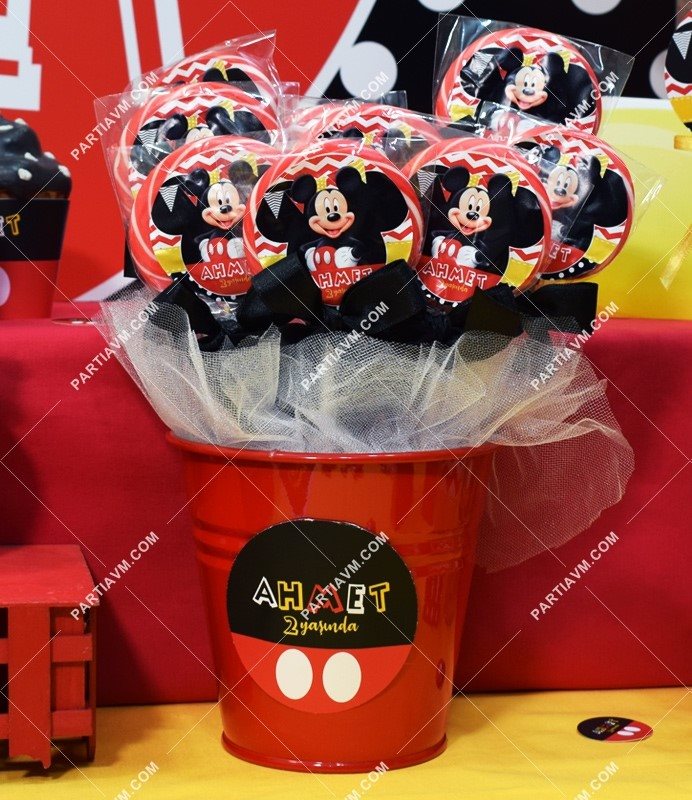 Mickey Mouse Doğum Günü Lolipop Şeker Etiketli Kovada Süslemeli 10 Adet