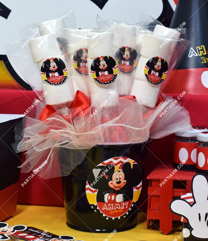 Mickey Mouse Doğum Günü Marshmallow Etiketli Kovada 10 Adet Süslü Çubuklarda