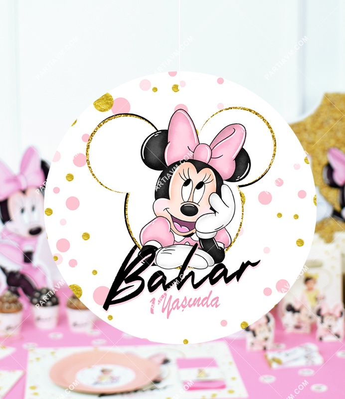 Minnie Mouse Beyaz Doğum Günü Süsleri 20 cm Önlü Arkalı Baskı Kalın Karton Misinalı Asma Süs