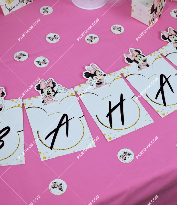 Minnie Mouse Beyaz Doğum Günü Süsleri Banner İsim Kurdele Süslemeli