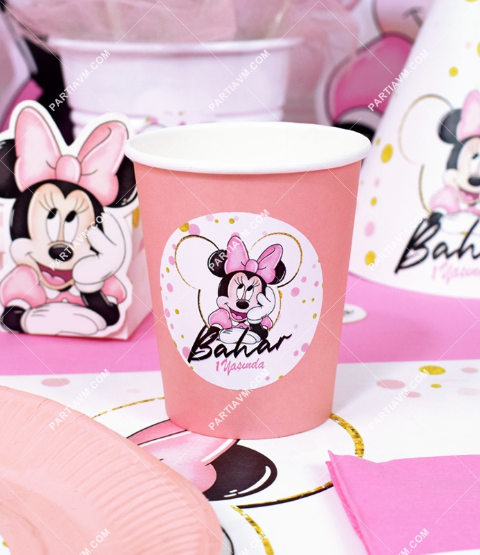 Minnie Mouse Beyaz Doğum Günü Süsleri Etiketli Karton Bardak 5 Adet