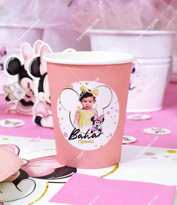 Minnie Mouse Beyaz Doğum Günü Süsleri Etiketli Karton Bardak 5 Adet