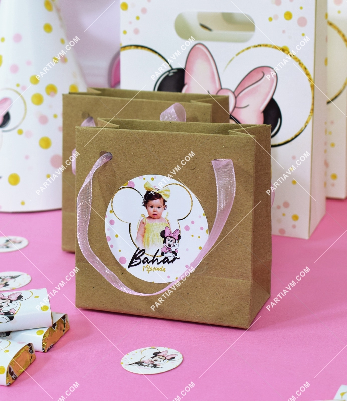 Minnie Mouse Beyaz Doğum Günü Süsleri Hediye Çantası Etiketli Kurdeleli 10 X 10 cm 5 Adet