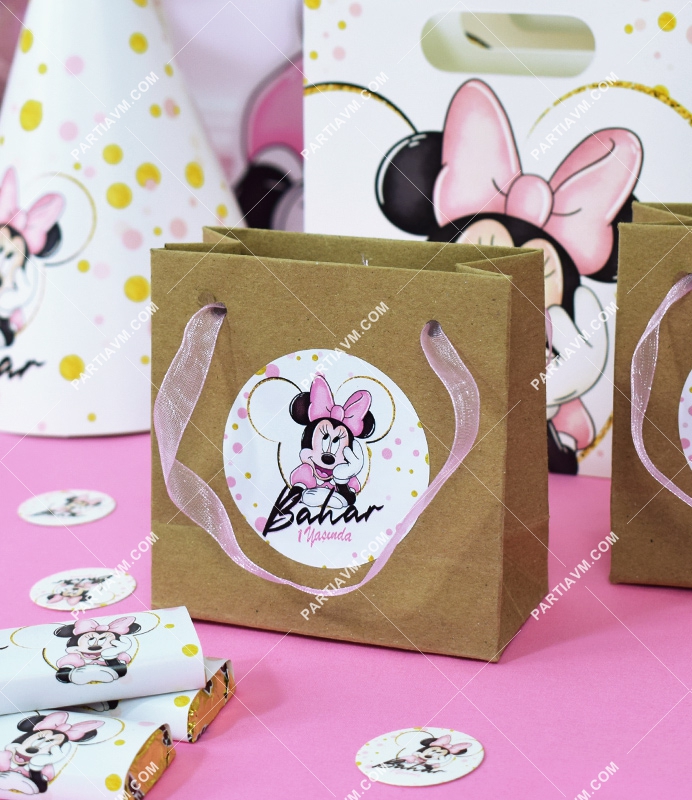 Minnie Mouse Beyaz Doğum Günü Süsleri Hediye Çantası Etiketli Kurdeleli 10 X 10 cm 5 Adet