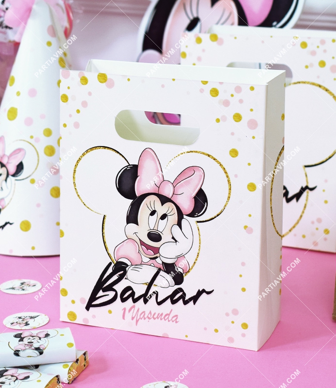 Minnie Mouse Beyaz Doğum Günü Süsleri Hediye Çantası Özel Tasarım 13 X 16 cm 5 Adet