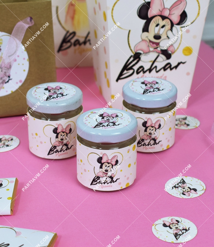 Minnie Mouse Beyaz Doğum Günü Süsleri Hediyelik Etiketli Cam Kavanozda Top Sakız