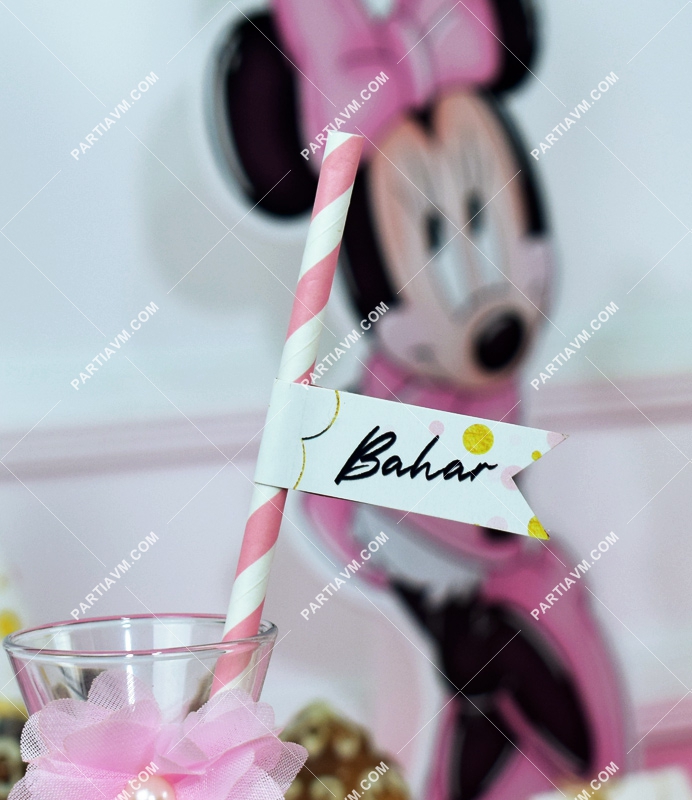 Minnie Mouse Beyaz Doğum Günü Süsleri Kağıt Pipet Etiketli 12 Adet