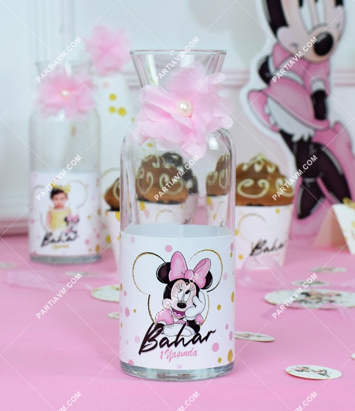 Minnie Mouse Beyaz Doğum Günü Süsleri Karaf Cam Bardak Etiketli 6 Adet
