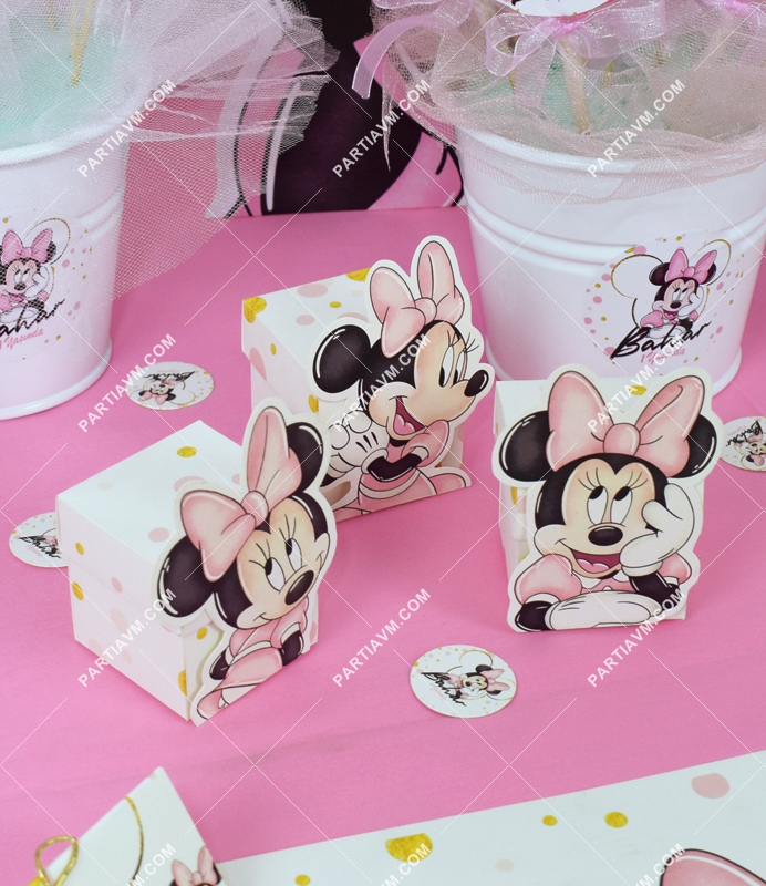 Minnie Mouse Beyaz Doğum Günü Süsleri Karakterli Karton Kutu 5 Adet