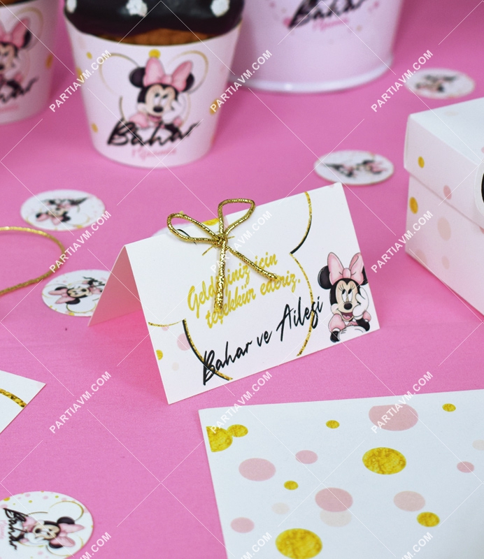 Minnie Mouse Beyaz Doğum Günü Süsleri Karton Mini Teşekkür Kartı 8 Adet