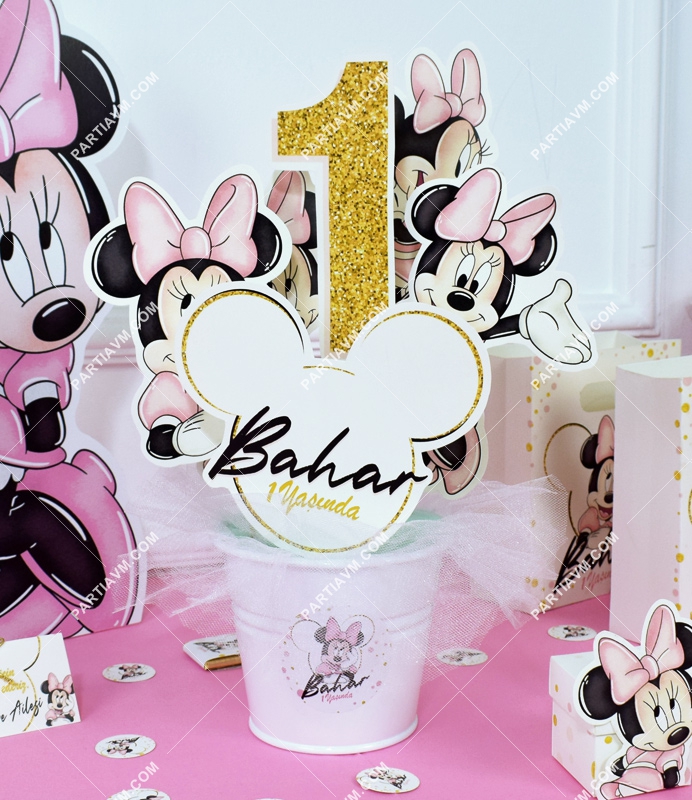 Minnie Mouse Beyaz Doğum Günü Süsleri Kovada Özel Kesim Çubuk Karton Süsler