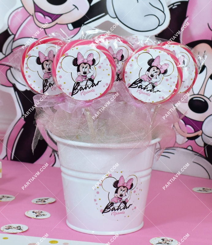 Minnie Mouse Beyaz Doğum Günü Süsleri Lolipop Şeker Etiketli Kovada Süslemeli 10 Adet