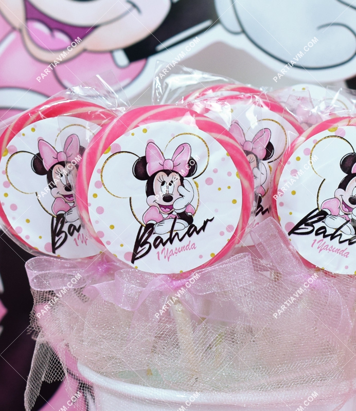 Minnie Mouse Beyaz Doğum Günü Süsleri Lolipop Şeker Etiketli Süslemeli 10 Adet